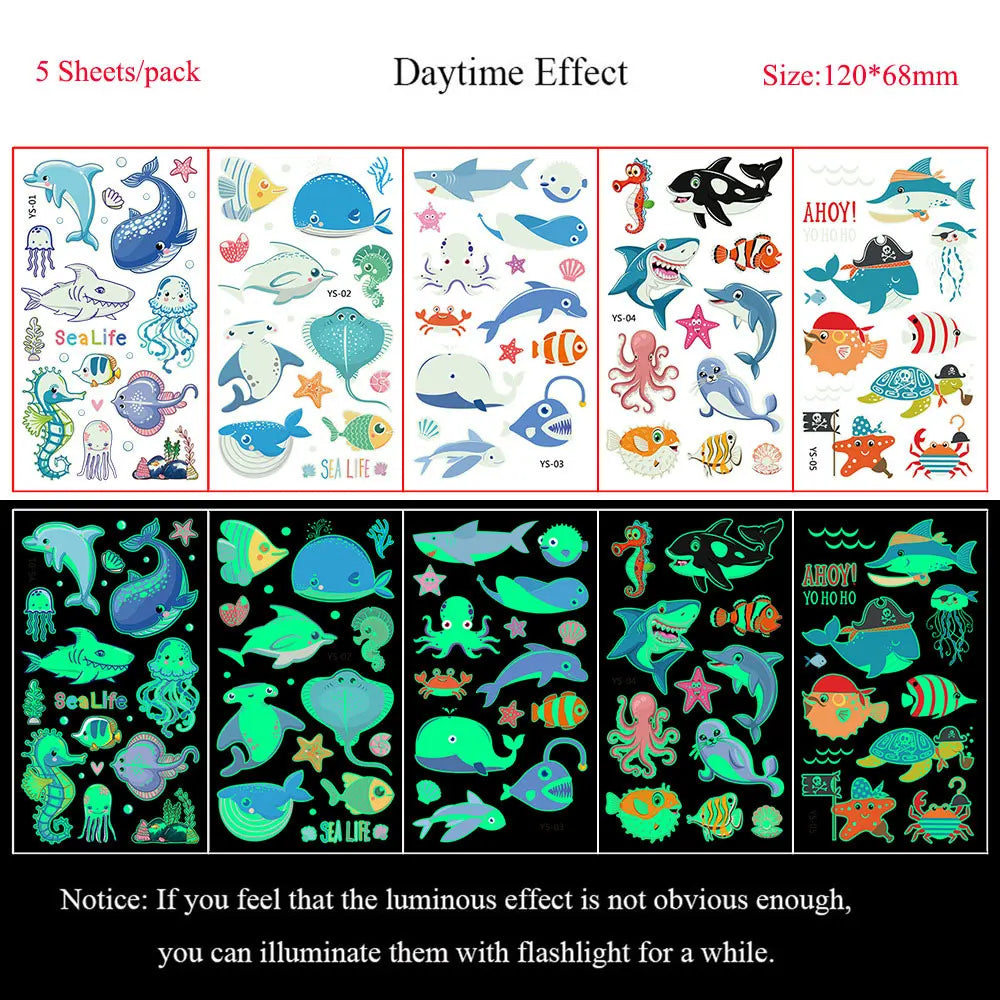 5 Sheets Luminous Tattoo Stickers Temporary Colorful Animal Dinosaur Tattoo Cute Tattoo Stickers Children's Body Tatto