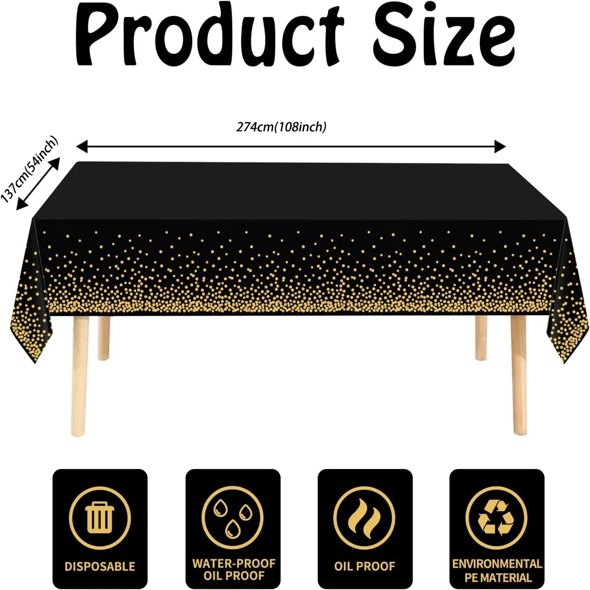 137x274cm Rectangle Disposable Bronzing Gold Dot Waterproof Party Tablecloth for Birthday Restaurant Wedding Decoration