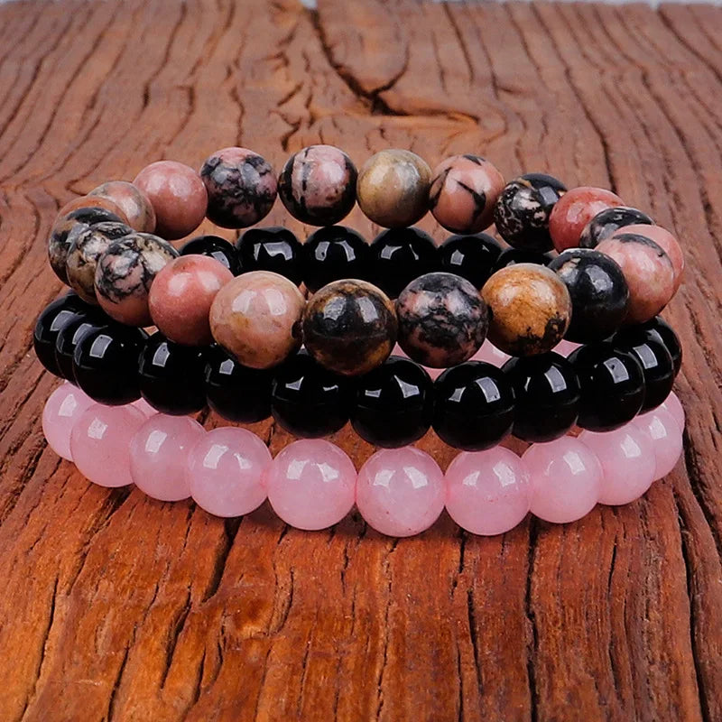 3Pcs Natural Stone Bracelet 8mm Rhodonite Rose Pink Quartzs Amethysts Hematite Bracelets For Women Men Jewelry