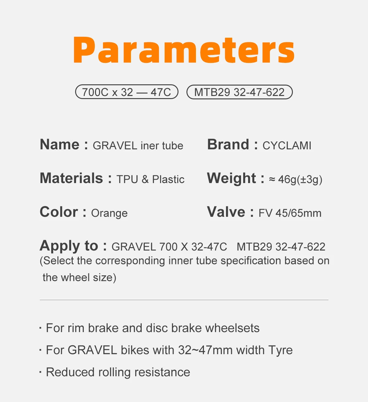 CYCLAMI Ultralight TPU Road Bicycle Inner Tube 700Cx32-47C MTB 29 Gravel Bike Inner Tube French Valve FV65mm/45mm