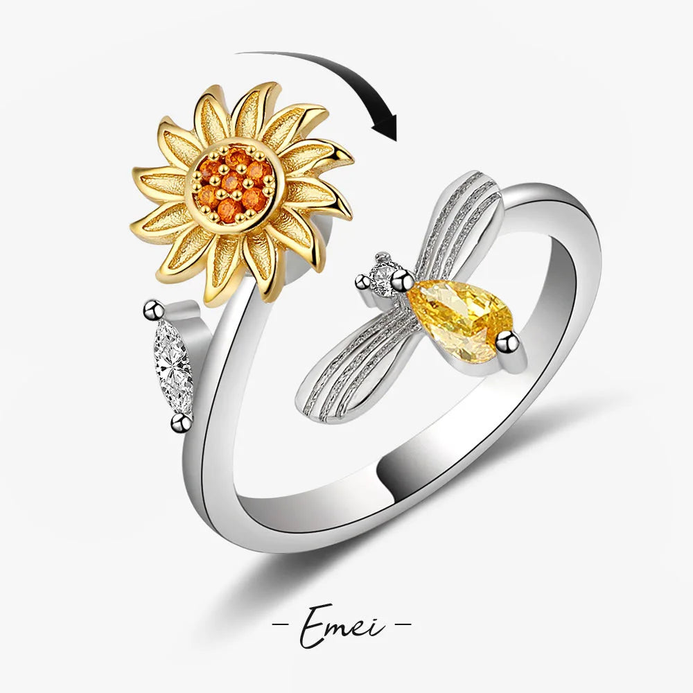 Anti Stress Anxiety Fidget Rings for Women Stainless Steel Sunflower Sun Star Spinner Ring Christmas Jewelry Gifts