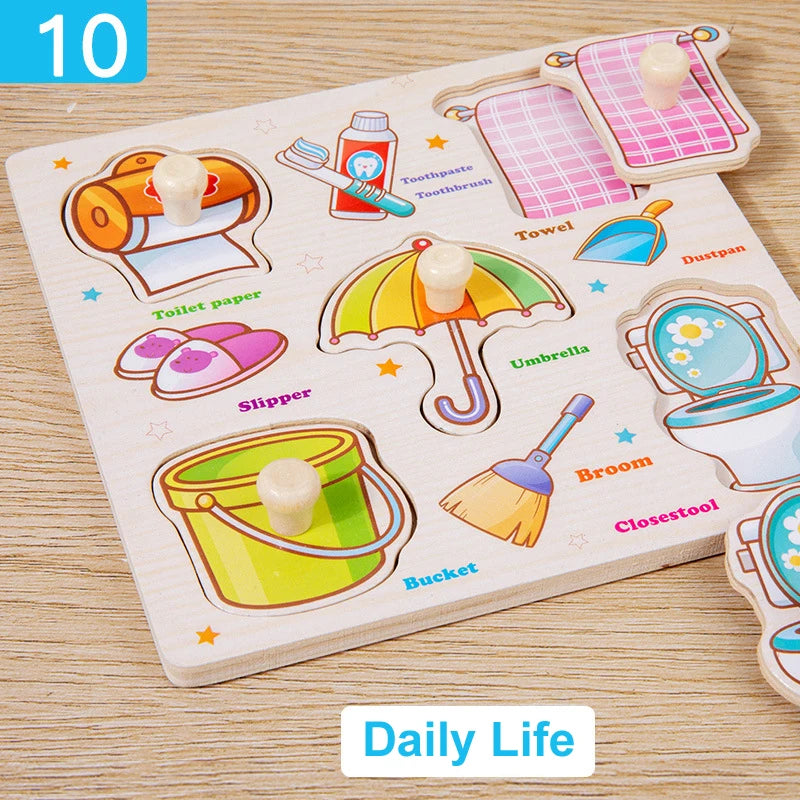 Montessori Wooden Puzzles Cartoon Animal Fruit Hand Grab Board Cognition Jigsaw Puzzle Game Learning Educational Toys For Kids
