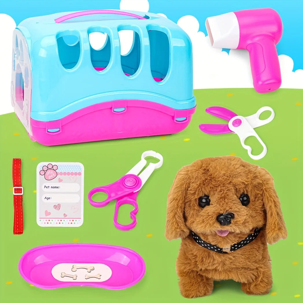 Pet Puppy Care Accessories with Dog House -Simulated Brador Dog Call Plush Toy - Children Interactive Vet Clinic Doctor - Role