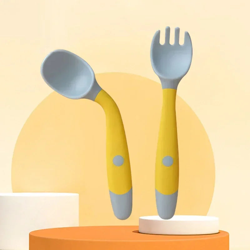 Baby Children Spoon Fork Set Soft Bendable Silicone Scoop Fork Kit Tableware Toddler Training Feeding Cutlery Utensil