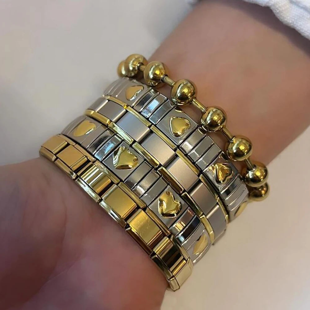 AENSOA Vintage Elasticity Stainless Steel Bangles Bracelet for Women Classic Heart Square Adjustable Wristband Waterproof Bangle