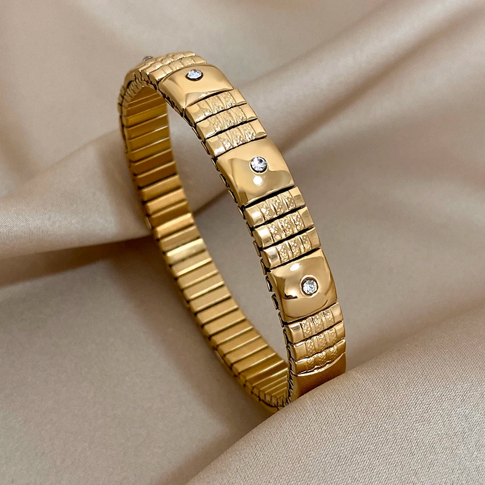 AENSOA Vintage Elasticity Stainless Steel Bangles Bracelet for Women Classic Heart Square Adjustable Wristband Waterproof Bangle