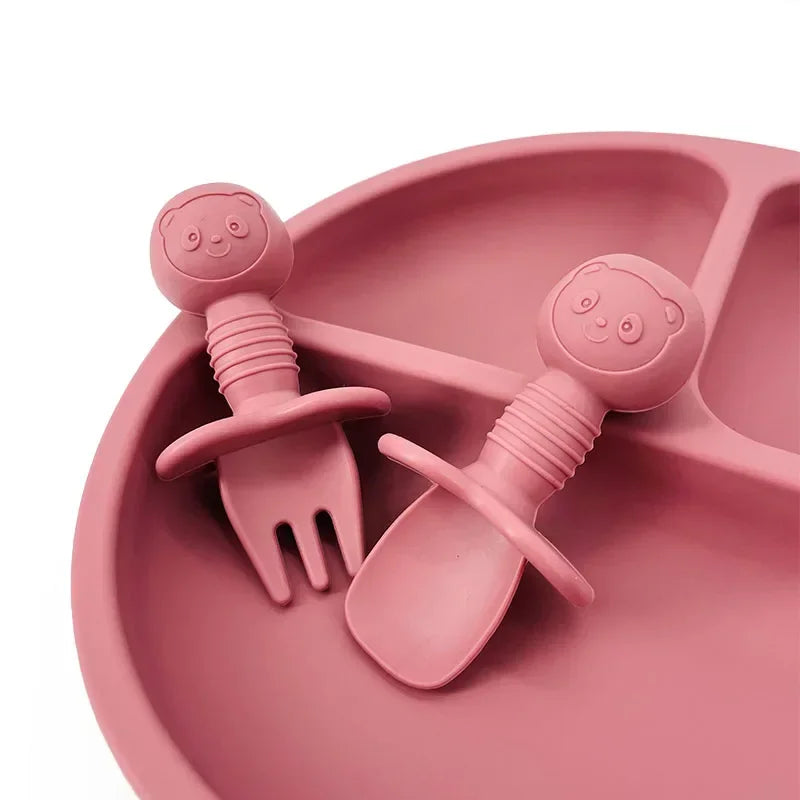 2pcs Food Grade Children Wooden Handle Silicone Spoon Fork Cutlery Baby Training Complementary Food Spoon BabyFeeding Spoon Fork