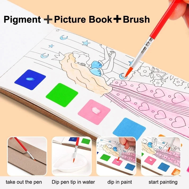 Portable Watercolor Painting Book 12 Sheets Coloring Book With Paint Brush Gouache Book Kids Graffiti Picture Drawing Toys