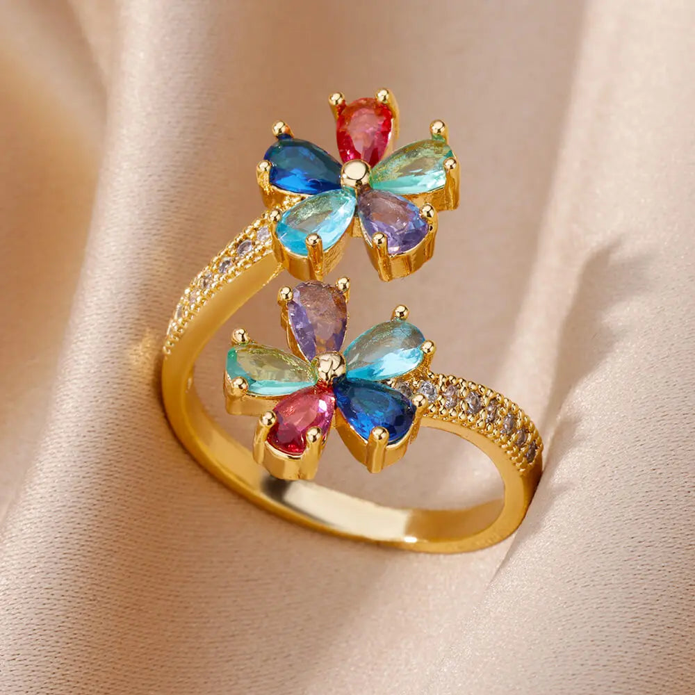 Colored Zircon Double Flower Rings For Women Gold Plated Stainless Steel Flower Opening Ring Wedding Aesthetic Jewelry Gift 2023
