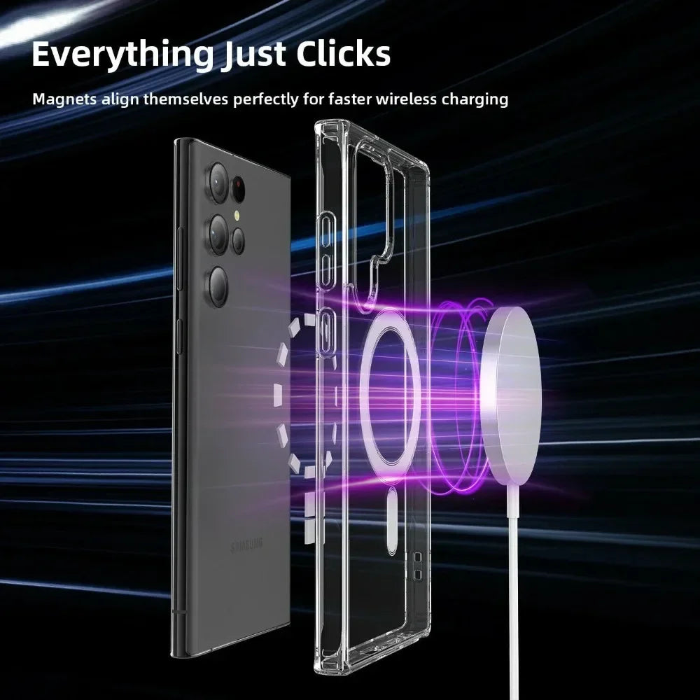 Original Magsafe Magnetic Case for Samsung Galaxy S25 24+ 21 FE S22 Plus S23 Ultra Plus Wireless Charging Shockproof Clear Cover