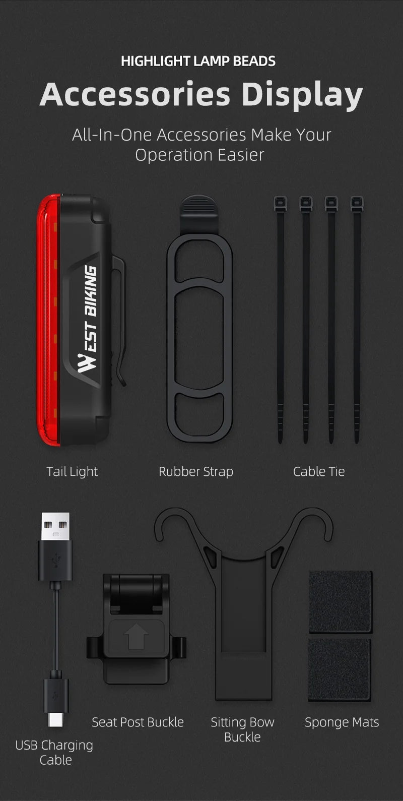 WEST BIKING Bike Taillight Laser Brake Sensing Rear Light IPX5 Waterproof USB Charging Bike Light MTB Road Bicycle Accessories