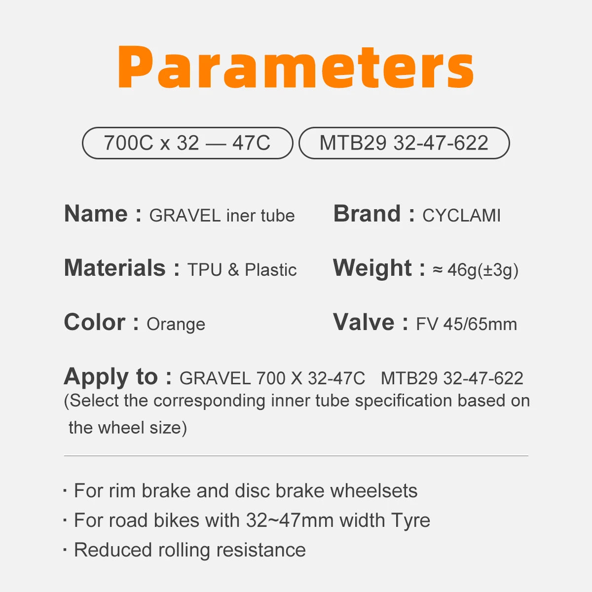 CYCLAMI Ultralight TPU Road Bicycle Inner Tube 700Cx32-47C MTB 29 Gravel Bike Inner Tube French Valve FV65mm/45mm