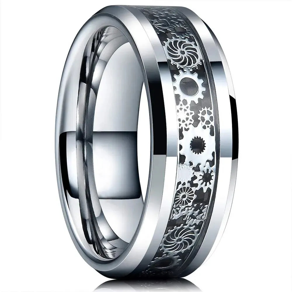New Fashion Steampunk Gear Wheel Men Stainless Steel Ring Inlay Carbon Fiber Rings For Men Rock Punk Wedding Band Jewelry