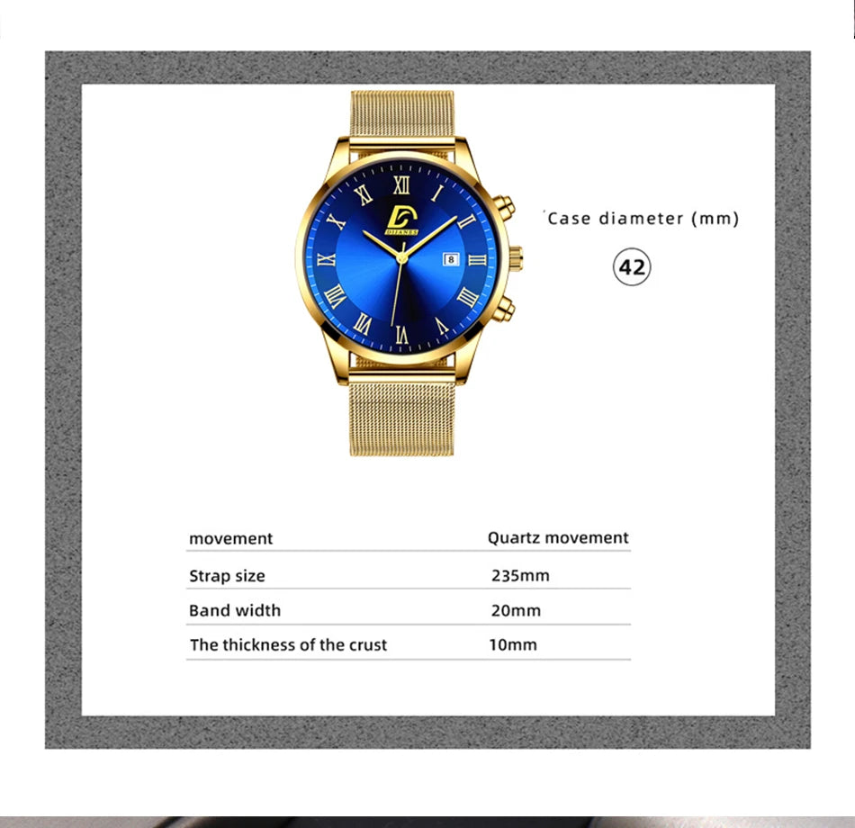 2PCS Set Fashion Mens Calendar Watches Luxury Men Business Gold Stainless Steel Mesh Belt Quartz Watch Male Necklace Wristwatch