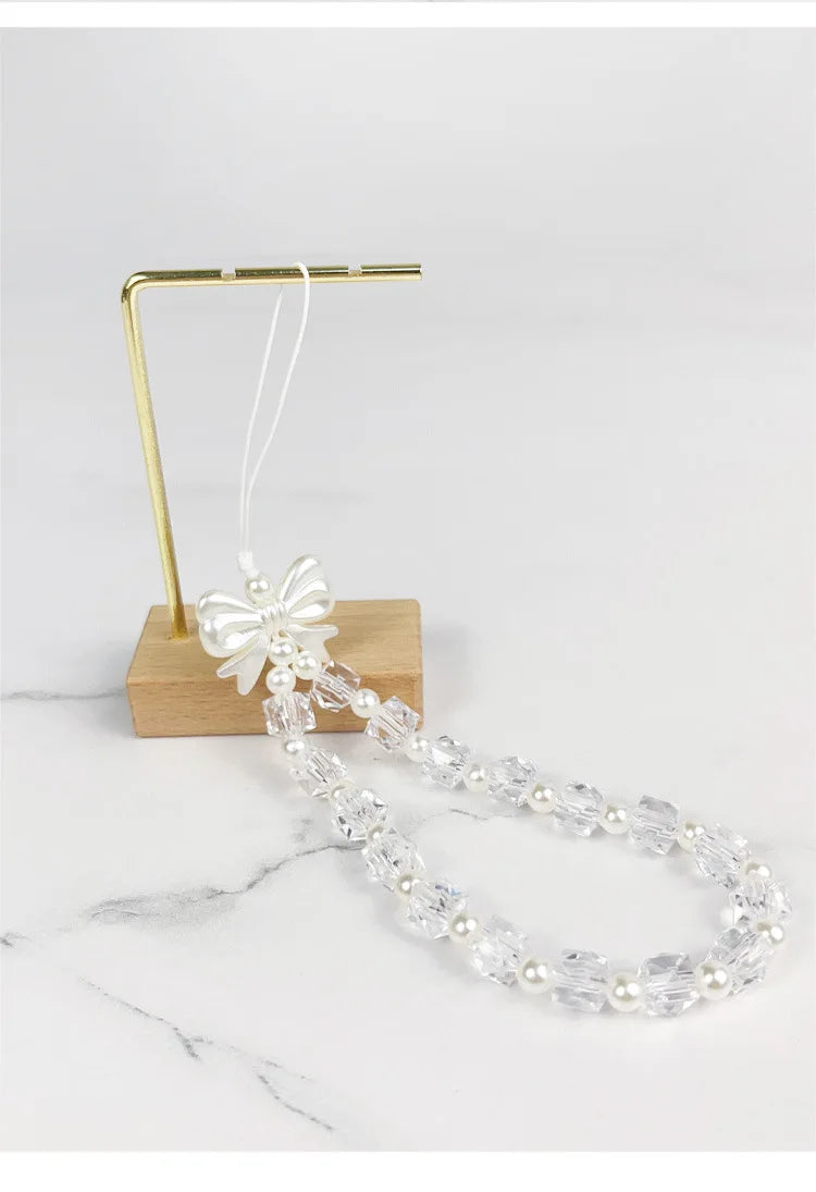 Korean Cute Charm Love Heart Bowknot Phone Chains For Women Telephone Jewelry Strap Beaded Lanyard Hanging Cord Accessories