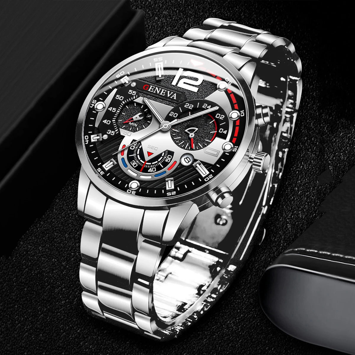 3PCS/Set Fashion Men's Watches Stainless Steel Band Analog Quartz Watch Calendar Watches Jewelry Set(Without Box)