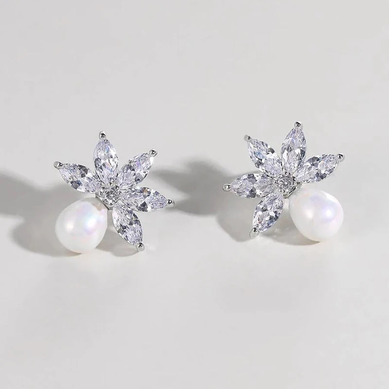Graceful Lady Engagement Earrings Luxury Simulated Pearl Jewelry Sweet Female Wedding Accessories with Bright Zirconia