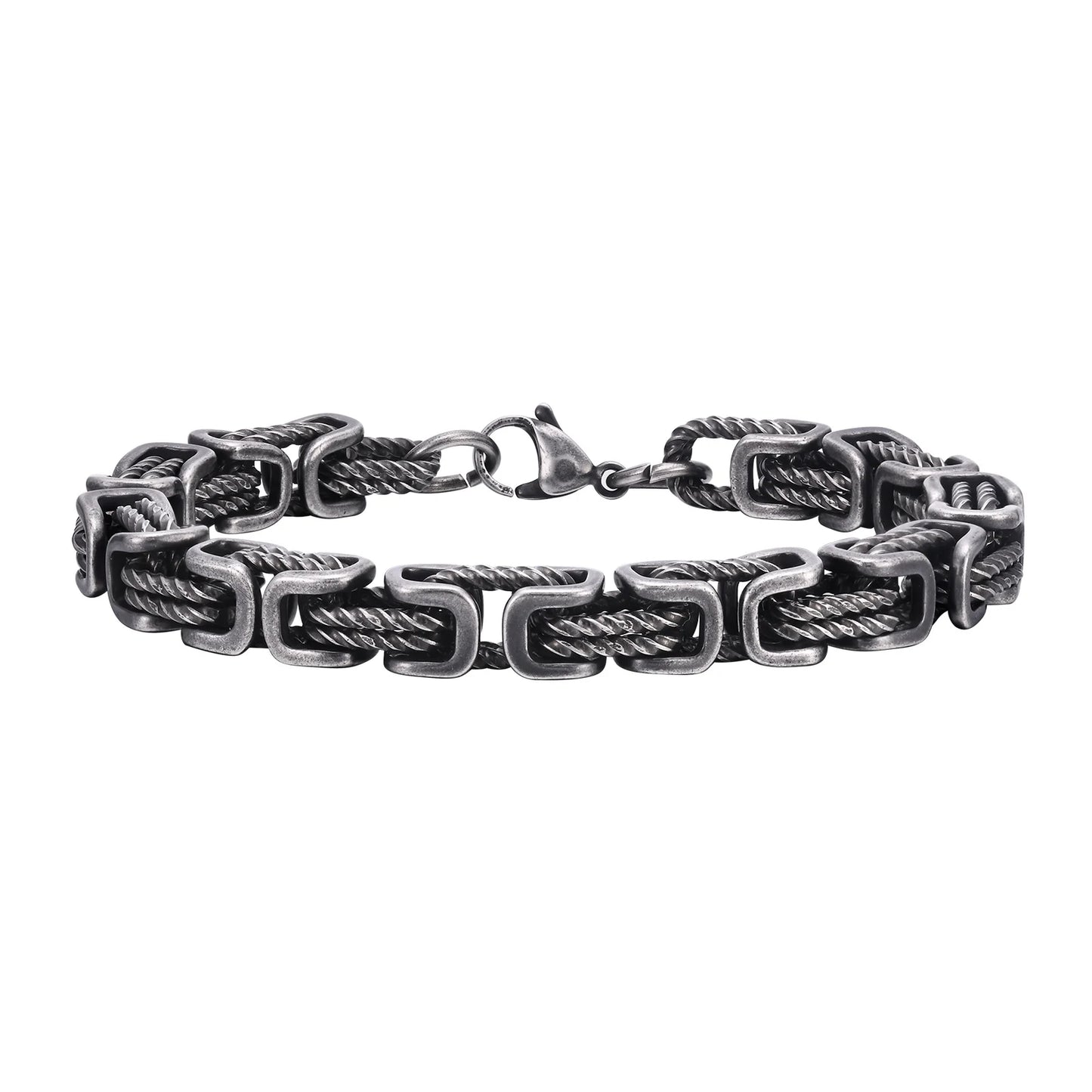 Mens Chunky Byzantine Bracelets,Retro Grey 8mm Stainless Steel Braided Link Wristband,Vintage Jewelry Gift for Him Boy