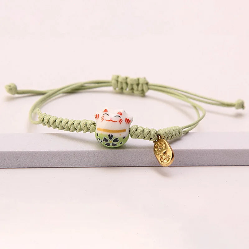 Simple Ceramic Lucky Cat Braided Bracelet for Women Cute Animal Kitten Hand-woven Adjustable Bangles Party Harajuku Jewelry Gift