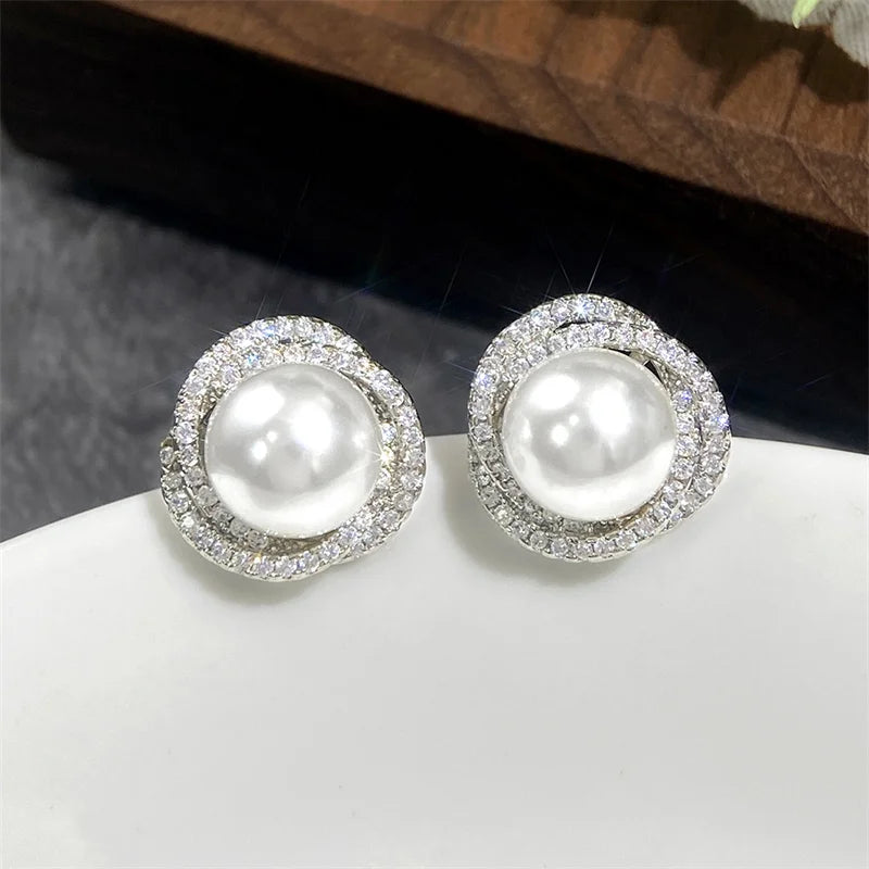 Sparkling Cubic Zirconia Imitation Pearl Stud Earrings for Women Silver Color Temperament Girls Ear Accessory Hot Jewelry