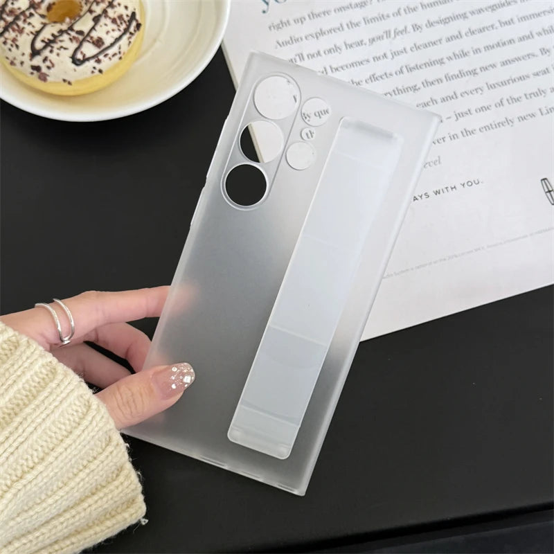 Handheld Silicone Elastic Wrist Strap Hard PC Phone Case For Samsung Galaxy S25 S24 S23 Ultra Plus Matte Clear Shockproof Cover