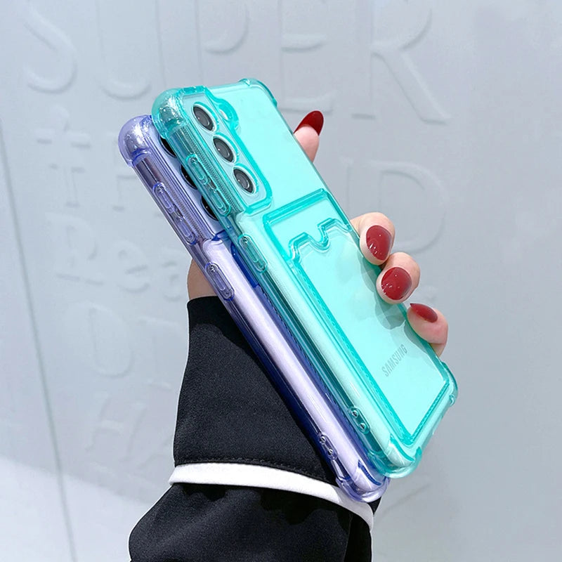 Shockproof Airbag Card Bag Wallet Clear Phone Case For Samsung Galaxy S21 S22 S23 FE S24 Plus S24 Ultra 5G Corners Bumper Cover
