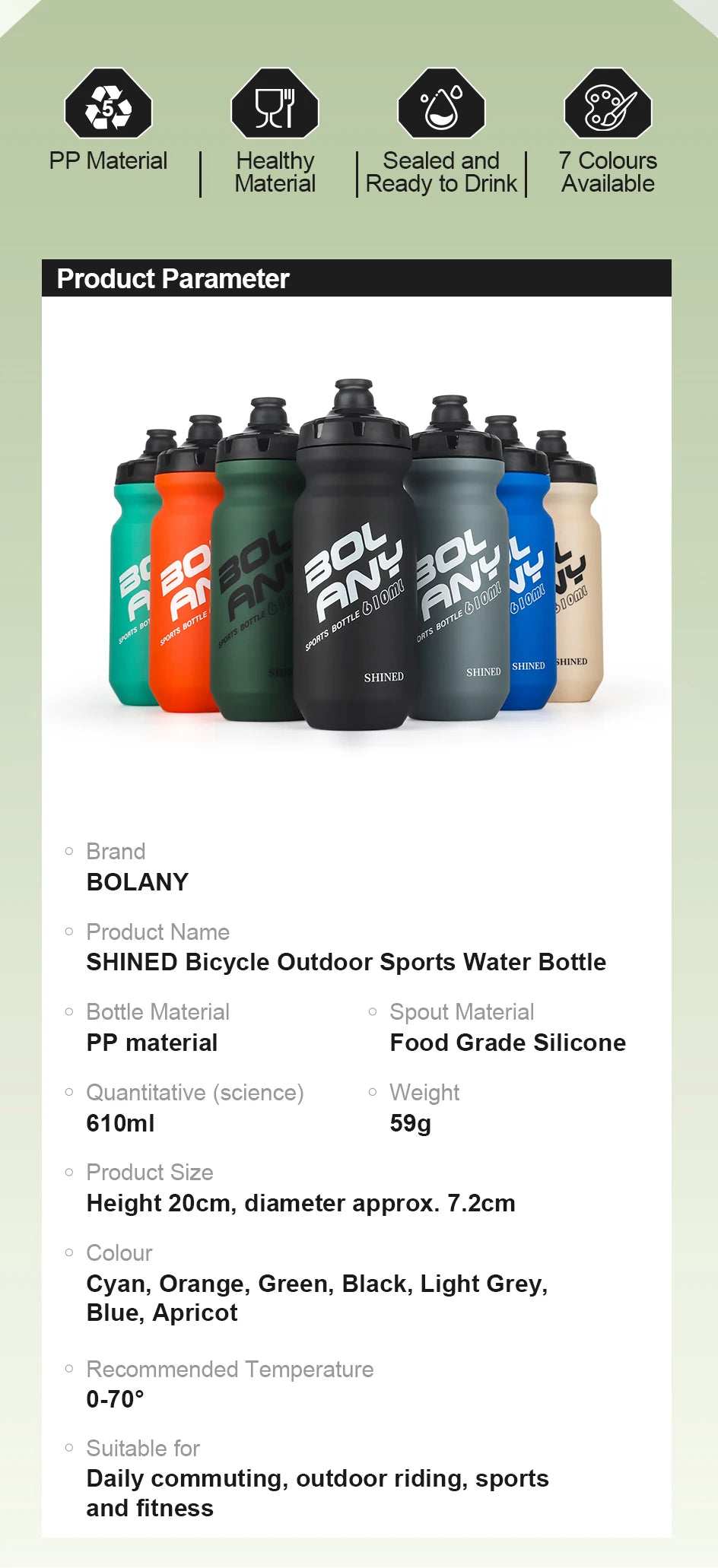 BOLANY 610ML PP Bicycle Water Bottle Squeeze Out Water Leak-Proof Cycling Outdoor Sports Water Bottle Fitness Plastic Water Cup