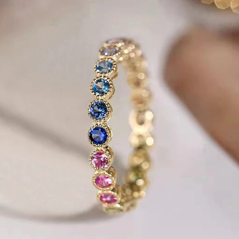 Colorful Rainbow Cubic Zircon Promise Rings for Women Gold Color Luxury Trendy Wedding Accessories Statement Girl Jewelry
