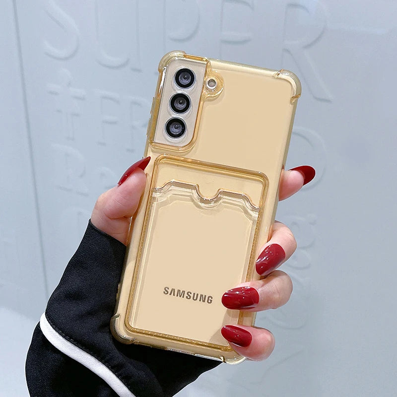 Shockproof Airbag Card Bag Wallet Clear Phone Case For Samsung Galaxy S21 S22 S23 FE S24 Plus S24 Ultra 5G Corners Bumper Cover