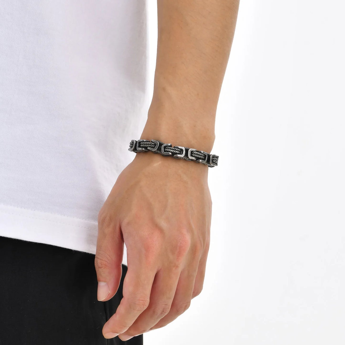 Mens Chunky Byzantine Bracelets,Retro Grey 8mm Stainless Steel Braided Link Wristband,Vintage Jewelry Gift for Him Boy