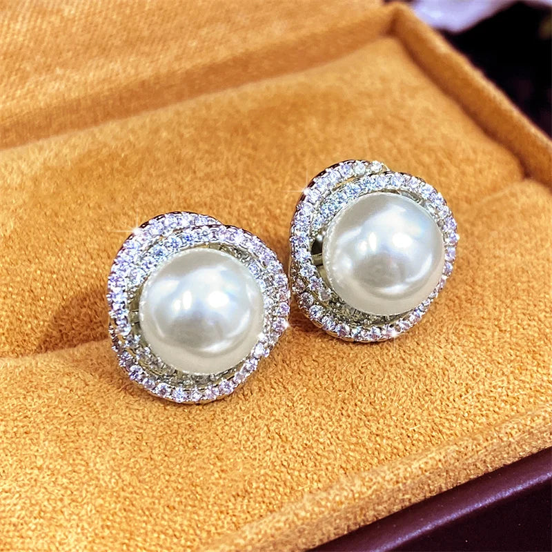 Sparkling Cubic Zirconia Imitation Pearl Stud Earrings for Women Silver Color Temperament Girls Ear Accessory Hot Jewelry