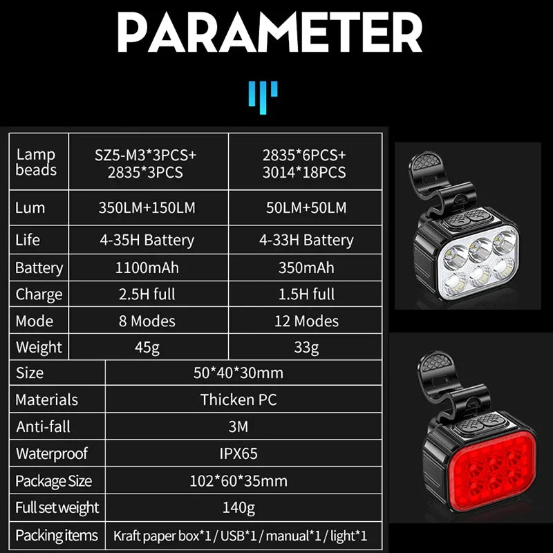 Bicycle Lights High Bright Cycling Lamp Front and Rear USB Rechargeable MTB Bike Headlight Taillight Waterproof Lantern Lighting