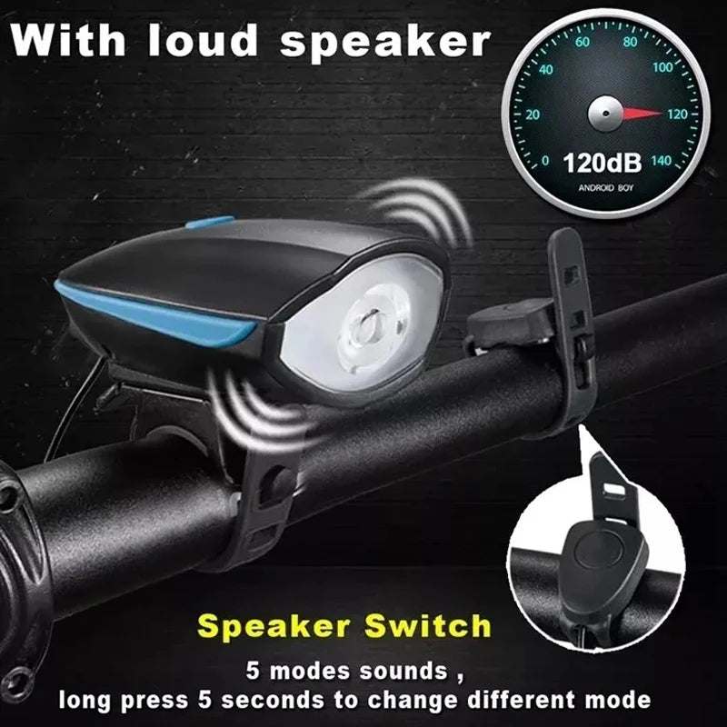 Bicycle Light with Horn USB Rechargeable LED Waterproof MTB Bike Dark Night Outdoor Riding Headlight and Rear Bike Light Set