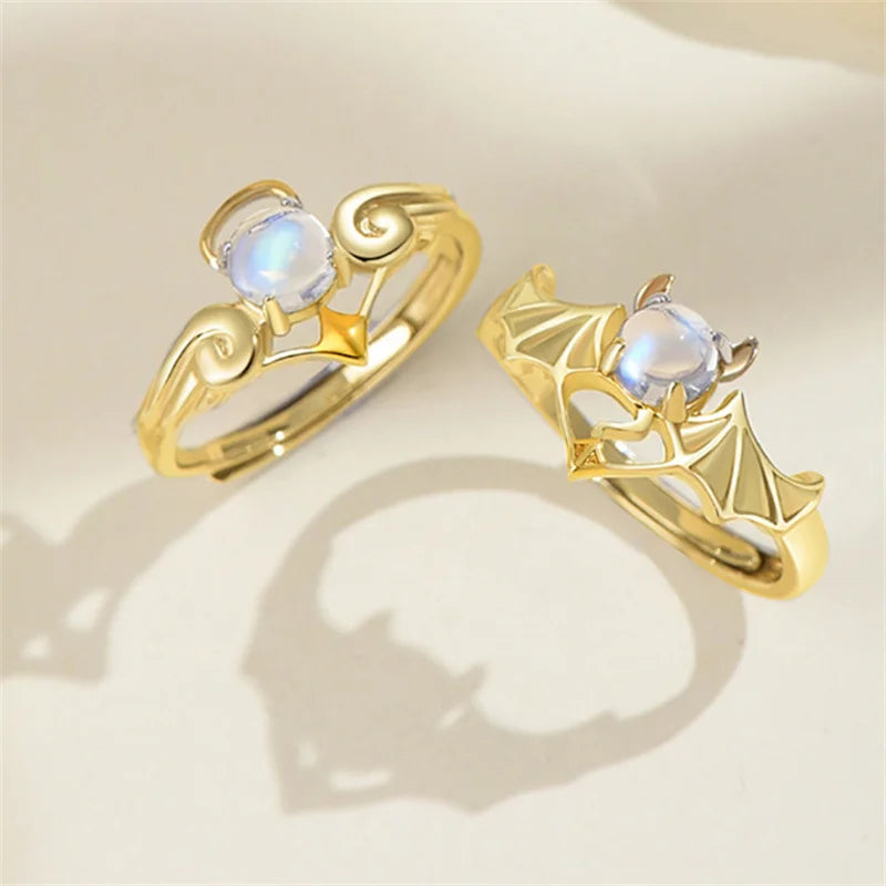 Luxury Crystal Angel Demon Couple Rings for Women Men Romantic Fashion Wings Design Adjustable Engagement Ring Wedding Jewelry