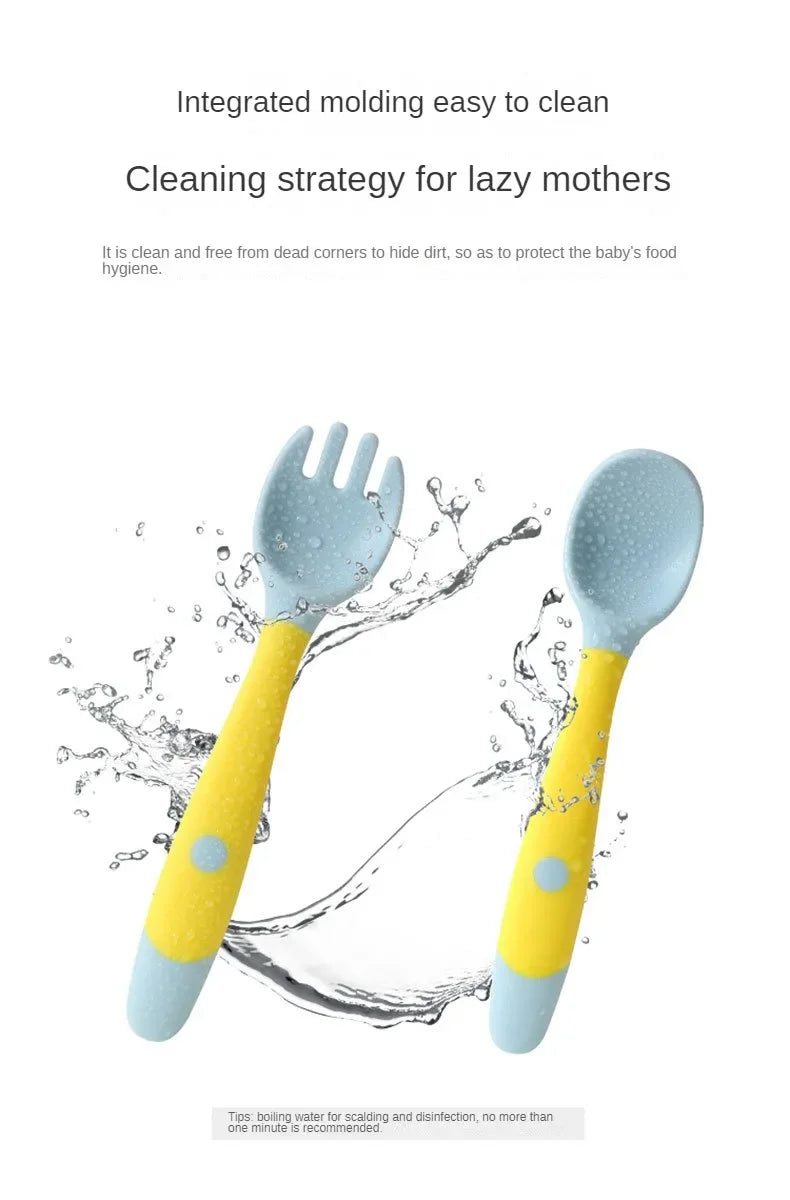 Baby Children Spoon Fork Set Soft Bendable Silicone Scoop Fork Kit Tableware Toddler Training Feeding Cutlery Utensil