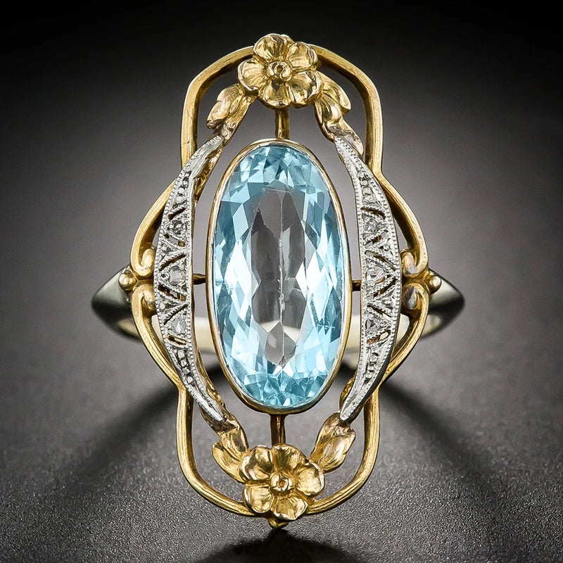 Vintage Two Tone Flower Design Finger Rings for Women Inlaid Sky Blue Stone Aesthetic Jewelry Party Ring Surprise Gift
