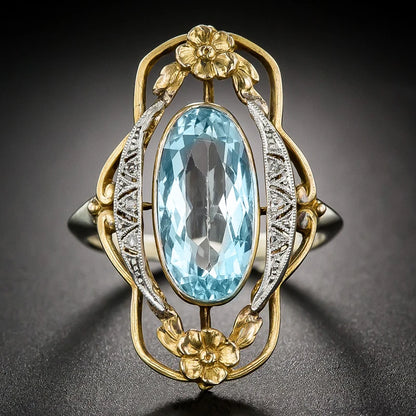 Vintage Two Tone Flower Design Finger Rings for Women Inlaid Sky Blue Stone Aesthetic Jewelry Party Ring Surprise Gift