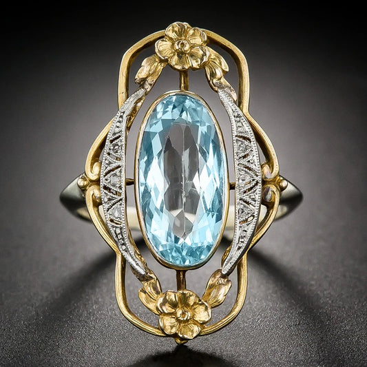 Vintage Two Tone Flower Design Finger Rings for Women Inlaid Sky Blue Stone Aesthetic Jewelry Party Ring Surprise Gift
