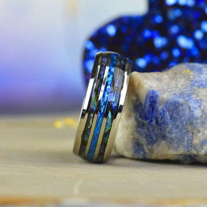 Fashion 8mm Rose Gold Color Tungsten Wedding Men Stainless Steel Rings Inlay Abalone Shell Blue Opal Rings Men Wedding Jewelry
