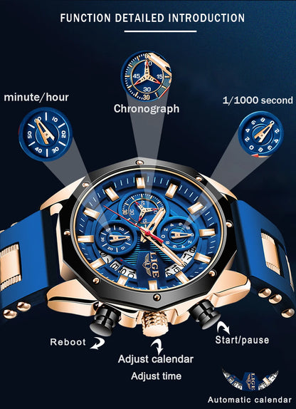 2024 LIGE New Fashion Mens Watches Top Brand Luxury Silicone Sport Watch Men Quartz Date Clock Waterproof Wristwatch Chronograph