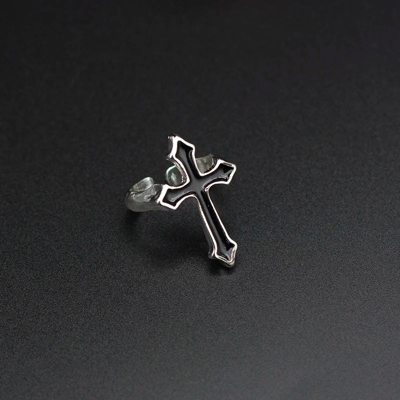 1PC Vintage Black Big Cross Open Ring For Women Party Jewelry Men Trendy Gothic Metal Color Finger Ring Anillo