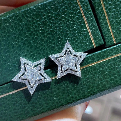 Brilliant Crystal Star Earrings Women Full Paved White Cubic Zirconia Simple Stylish Earring Versatile Fashion Jewelry