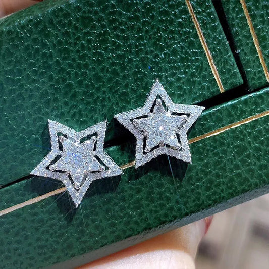 Brilliant Crystal Star Earrings Women Full Paved White Cubic Zirconia Simple Stylish Earring Versatile Fashion Jewelry
