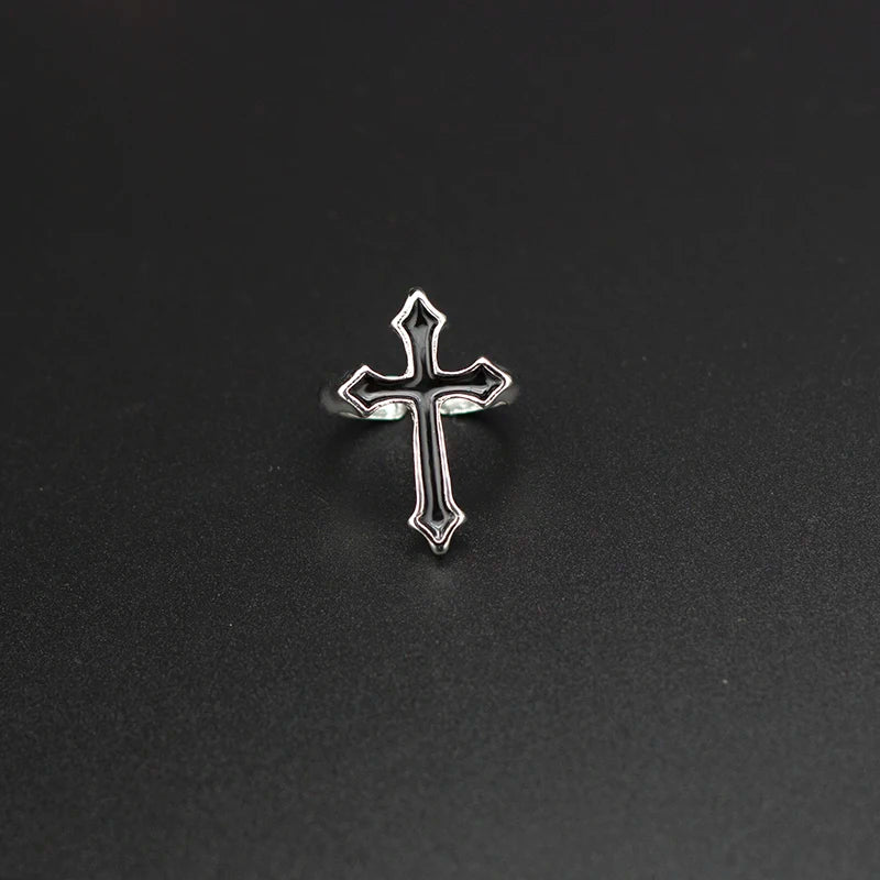 1PC Vintage Black Big Cross Open Ring For Women Party Jewelry Men Trendy Gothic Metal Color Finger Ring Anillo