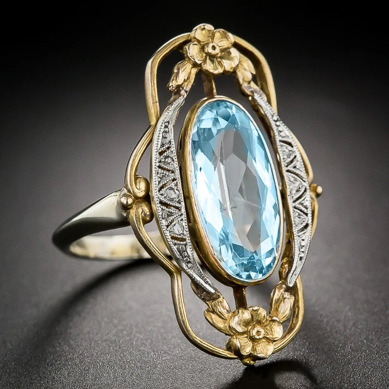 Vintage Two Tone Flower Design Finger Rings for Women Inlaid Sky Blue Stone Aesthetic Jewelry Party Ring Surprise Gift