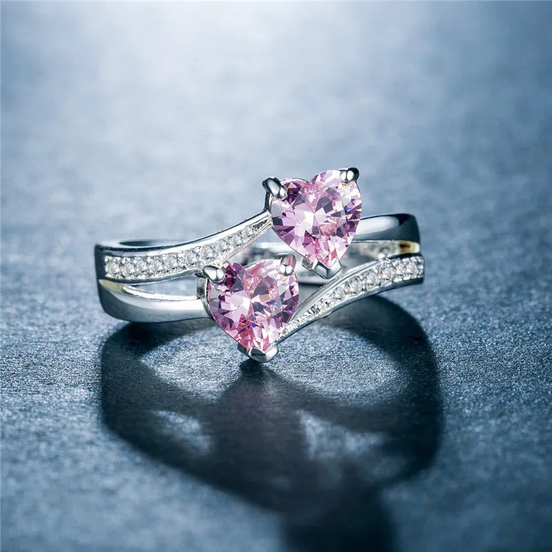 Stylish Female Rings Silver-plated Double Heart-Shaped Cubic Zircons Wedding Ring For Women Girls Nice Gift For Birthday