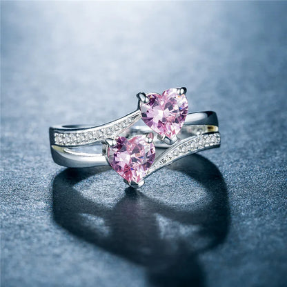 Stylish Female Rings Silver-plated Double Heart-Shaped Cubic Zircons Wedding Ring For Women Girls Nice Gift For Birthday