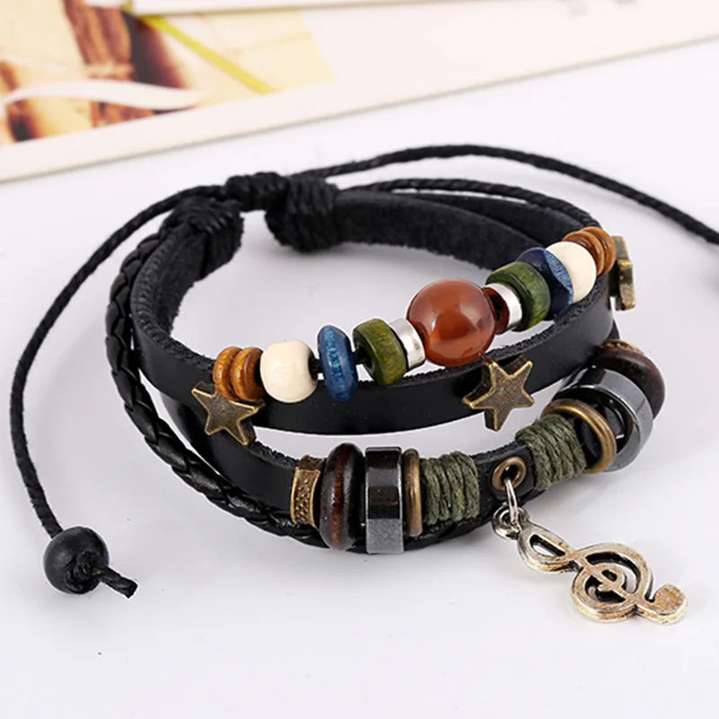 Handmade Boho Gypsy Hippie Design Brown Leather Star G Clef Note Metal Charms Wood Button Beads Wrap Unisex Adjustable Bracelet