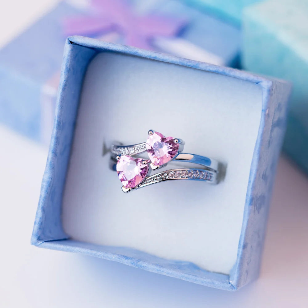 Stylish Female Rings Silver-plated Double Heart-Shaped Cubic Zircons Wedding Ring For Women Girls Nice Gift For Birthday
