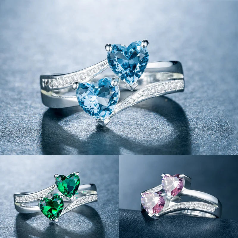 Stylish Female Rings Silver-plated Double Heart-Shaped Cubic Zircons Wedding Ring For Women Girls Nice Gift For Birthday